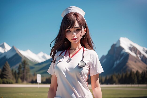 A woman in a nurse uniform stands in front of a mountain