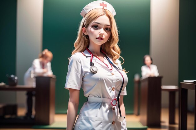 A woman in a nurse uniform stands in front of a row of desks