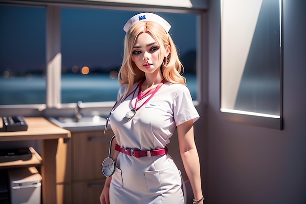 A woman in a nurse uniform stands in front of a window.