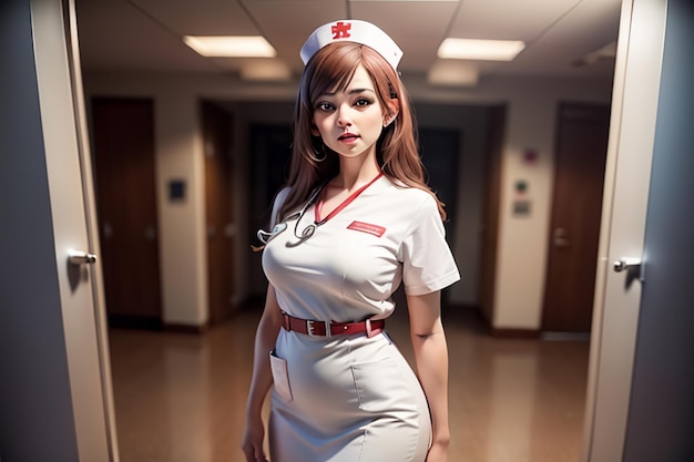 A woman in a nurse uniform stands in a hallway.