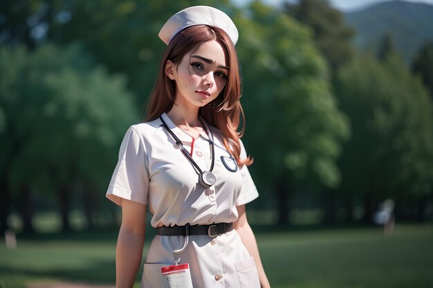 A woman in a nurse uniform stands in a park.