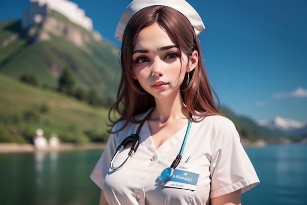 '나는 간호사입니다'라고 적힌 이름표가 달린 간호사복 차림의 여성