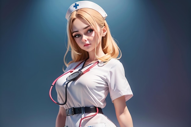 A woman in a nurse uniform with a stethoscope around her neck.