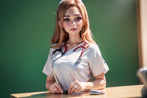 A woman in a nurse uniform with a stethoscope on her neck.