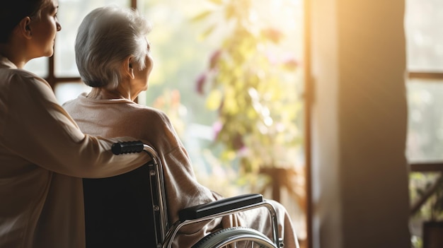 高齢者ホームでの高齢者ケアサポートまたは信頼のために車椅子に乗った患者の女性と看護師