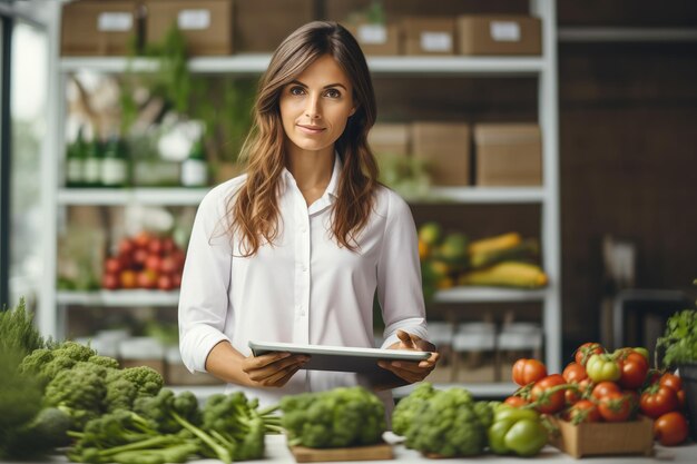 Woman nutritionist prepares lecture about vegan products