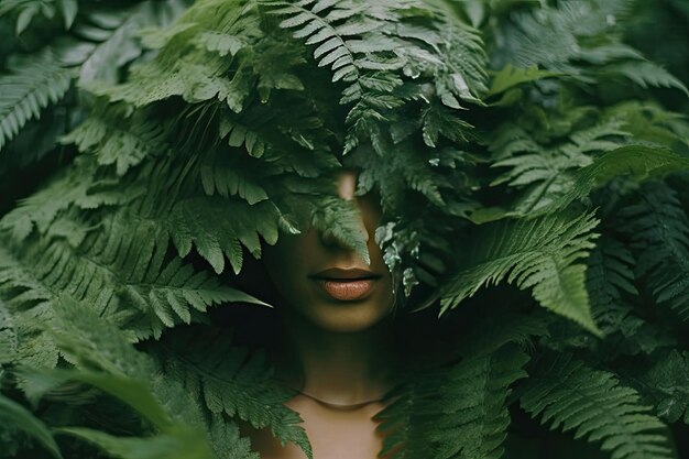 A woman obscured by green leaves