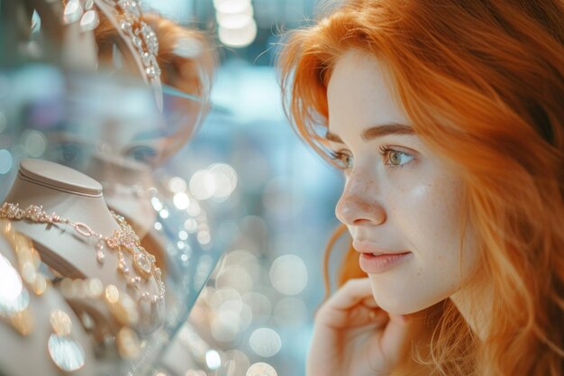 Photo woman observing jewelry display