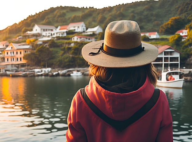 Woman observing a landscape of a beautiful town of fishermen at sunset generated ai