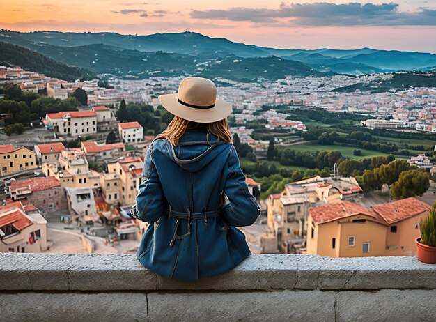 Woman observing a landscape of a beautiful town of fishermen at sunset generated ai