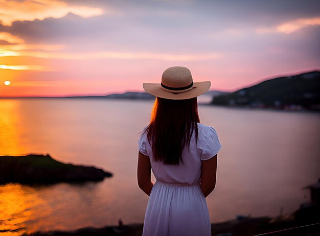 Woman observing a landscape of a beautiful town of fishermen at sunset generated ai