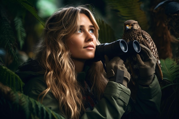 A woman observing an owl through binoculars