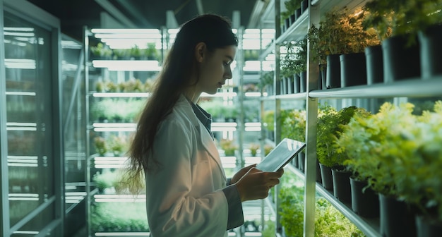 温室で植物を観察する女性