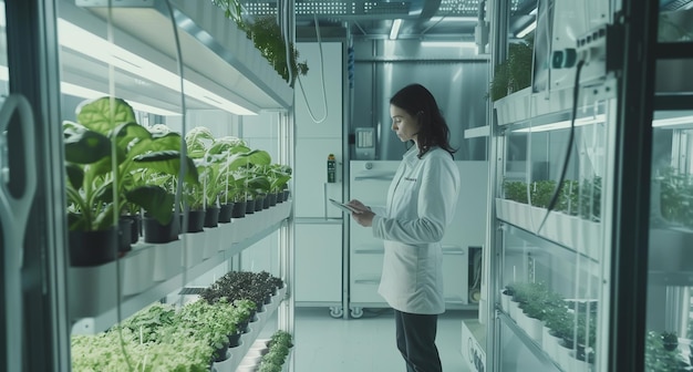 Woman observing plants in greenhouse