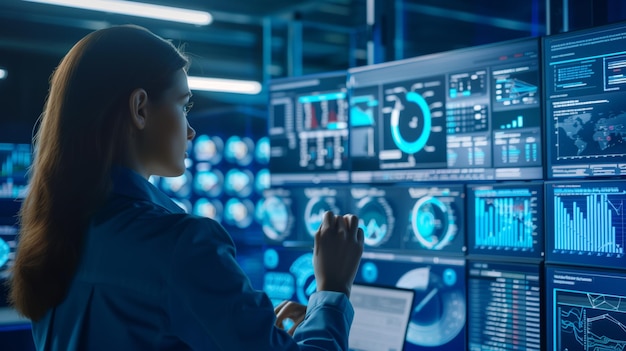 Photo woman observing wall of computer screens