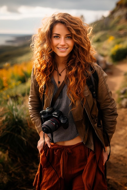 женщина в профессии фотографа, использующая свою камеру