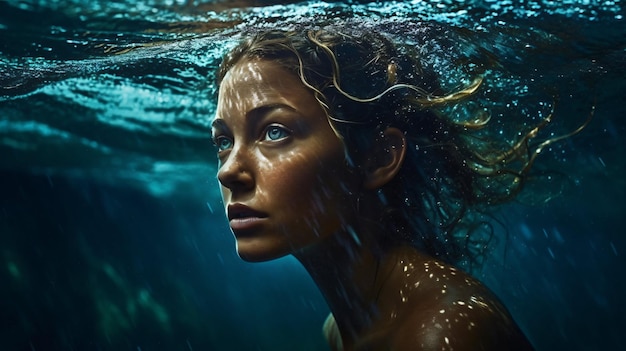 Woman in the ocean with huge waves summer sea vibes beautiful girl water surfing Generative AI