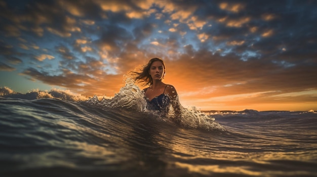 巨大な波を持つ海の女性夏の海の雰囲気美しい女の子水サーフィン生成 AI