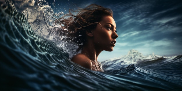 Woman in the ocean with huge waves summer sea vibes beautiful girl water surfing Generative AI