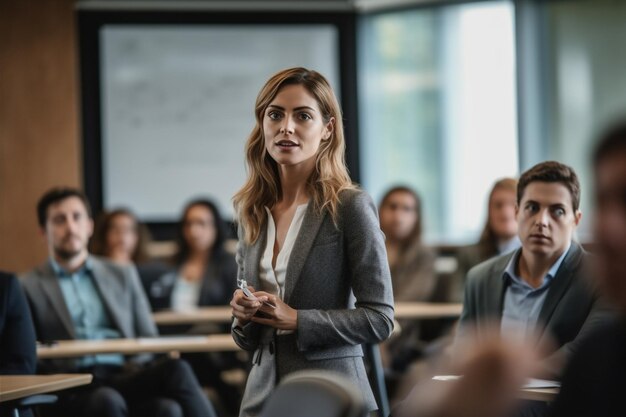 Foto donna riunione in ufficio comunicazione gruppo orizzontale al chiuso oratore moderno donna d'affari generativa ai