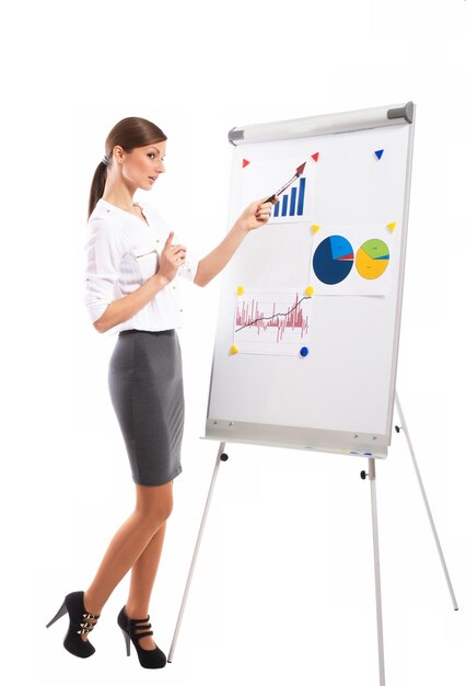 Woman in office near presentation stand