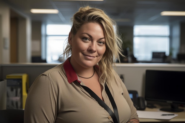 a woman in an office posing for the camera