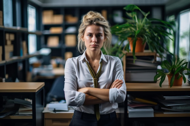 a woman in an office with her arms crossed