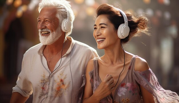 여성과 나이 든 태국인 남자가 헤드폰과 음악 플레이어를 들고 노래하고 있습니다.