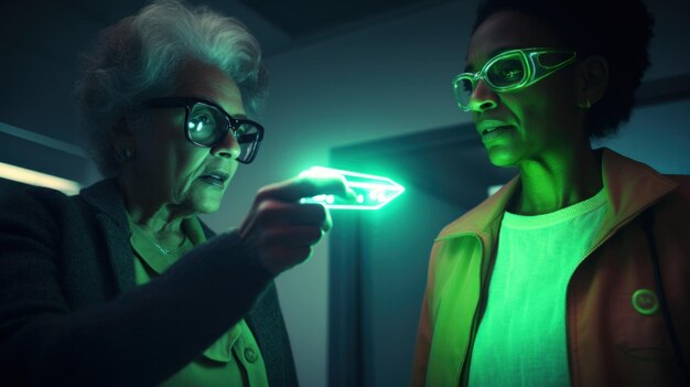 Photo a woman and an older woman looking at a green light ai