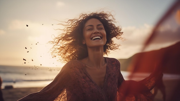 Фото Женщина на скалистом пляже с распростертыми руками наслаждается свободой