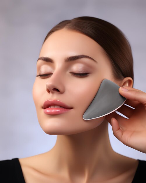 Woman ongoing gua sha face procedure