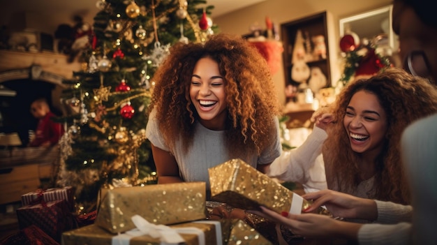 여자 는 놀란 표정 으로 크리스마스 선물 상자 를 열고 있다