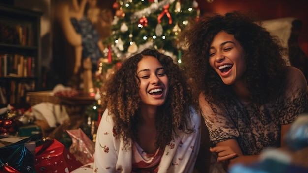 Foto donna che apre la scatola dei regali di natale con un'espressione di sorpresa