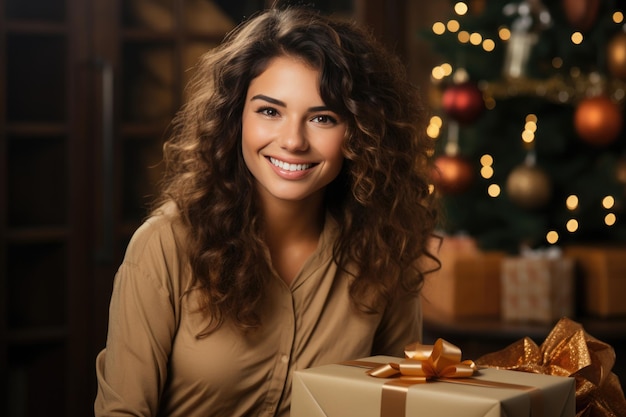 Woman opening her present on Christmas