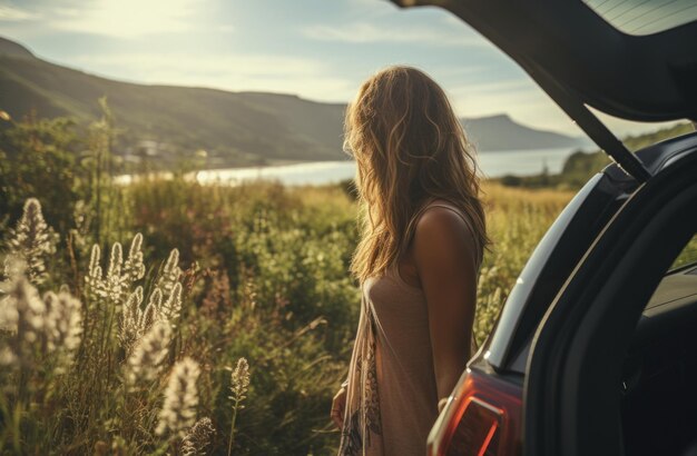 a woman opening the trunk of a car while travelling