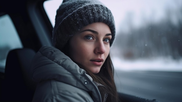 雪の中で車を運転する女性 Generative AI