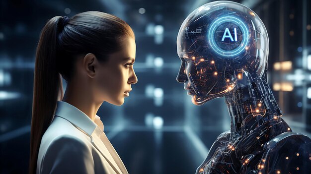 Photo woman opposite ai the concept of confrontation between humanity and artificial intelligence