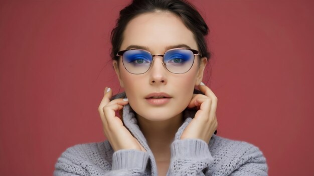 Photo woman in optique glasses with blue shadow and warm knit jacket