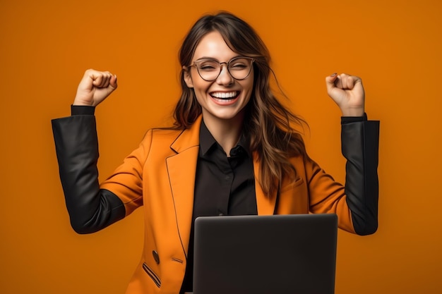 A woman in an orange blazer is celebrating her success