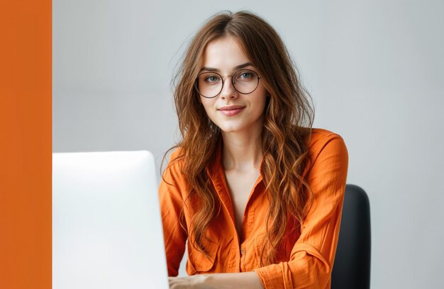 Foto donna in camicia arancione che lavora su un portatile
