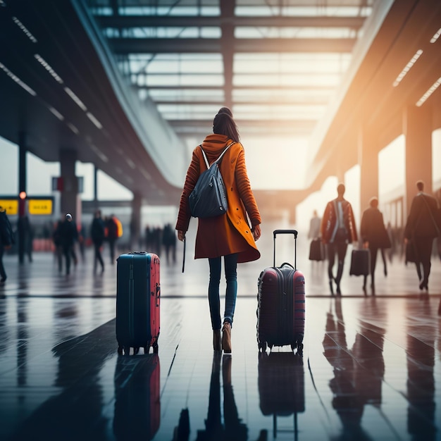 A woman in an orange coat is walking with a suitcase in front of a sign that says " i love you ".