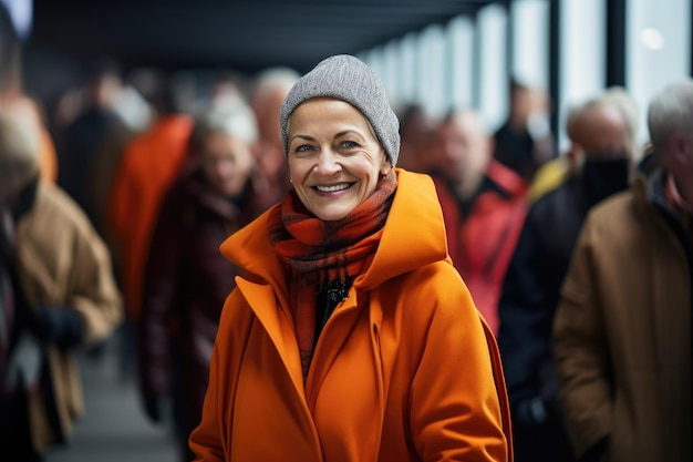 a woman in an orange coat smiles at the camera