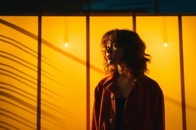 A woman in an orange coat stands in front of a yellow wall