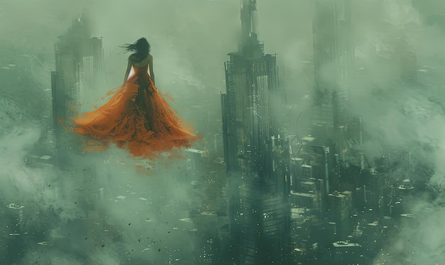 オレンジ色のドレスを着た女性が霧の街を漂っている