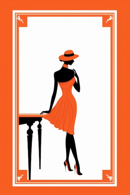 Photo a woman in an orange dress and hat is standing in front of a frame