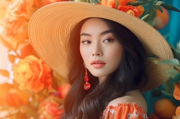 A woman in an orange dress and a hat stands in front of flowers.