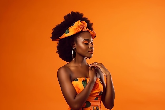 Photo a woman in an orange dress holds her hand on her chest.