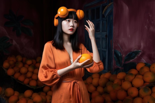 A woman in an orange dress holds an orange in front of a pile of oranges.