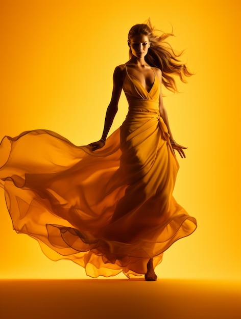 A woman in an orange dress is dancing in the wind