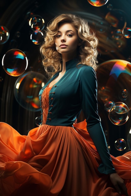 a woman in an orange dress poses in front of bubbles in the style of cinematic mood